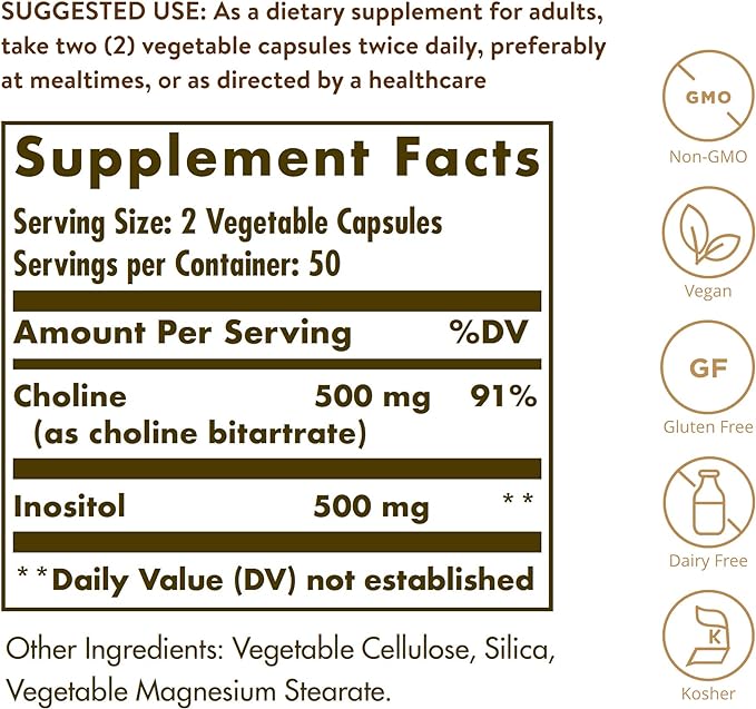 (B00014EBPA) - Solgar Choline/Inositol 500 mg/500 mg, 100 Vegetable Capsules - Energy Metabolism